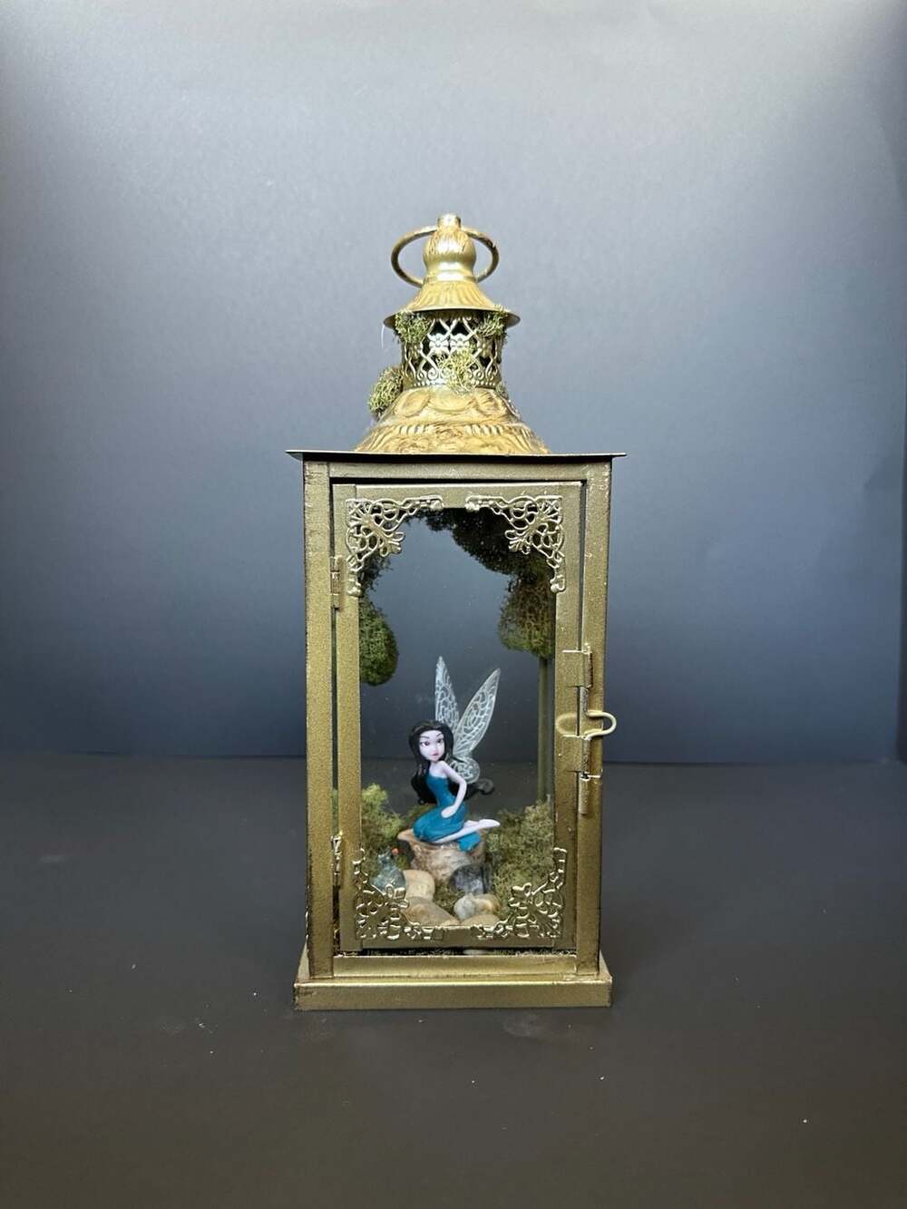Custom Made Gold Metal Decorative Lantern with Fairy Terrarium and Moss